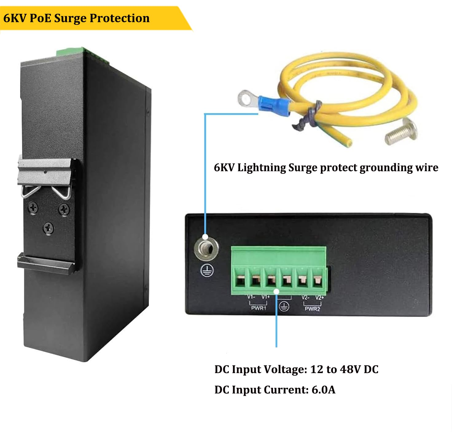PROCET – Injecteur PoE Gigabit 60 W industriel IEEE802.3bt Ethernet PoE, -40 ℃ à 65 ℃, protection contre les surtensions PoE 6 KV pour caméra IP, AP sans fil, accès Wi-Fi