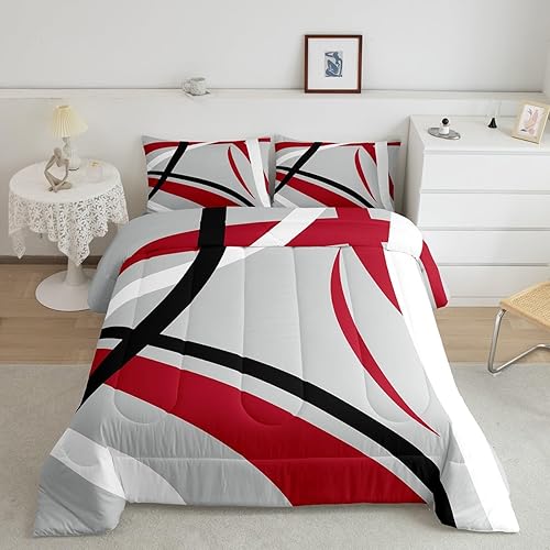 Juego de ropa de cama con círculos geométricos, moderno, retro, con ojales, para niños, niñas, adolescentes, decoración de rayas grises, rojas,