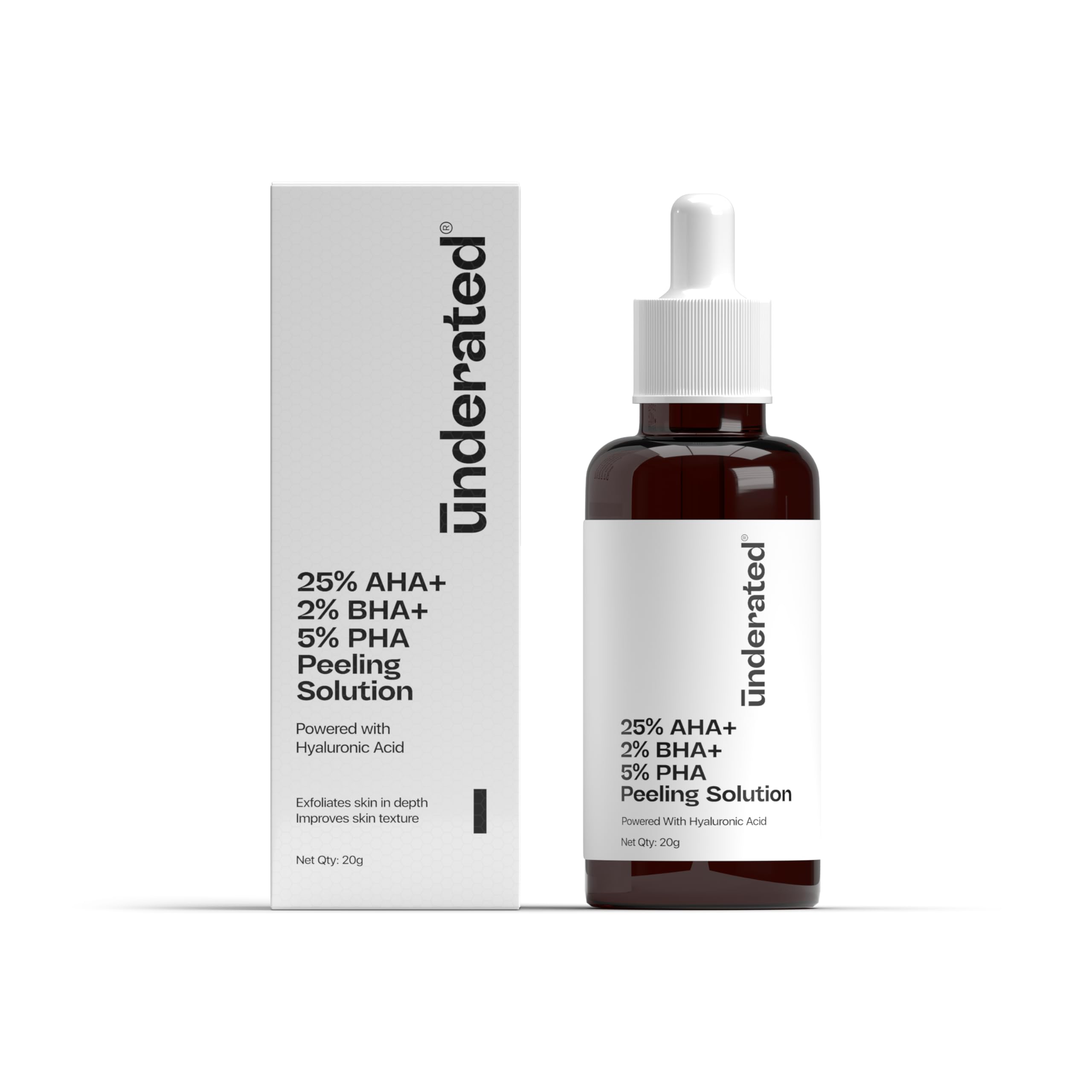 Underated Exfoliating Peeling Solution with 25% AHA, 2% BHA, 5% PHA | Gently Resurfaces & Smoothens Skin Texture | Face Serum for Glowing Skin | 20ml