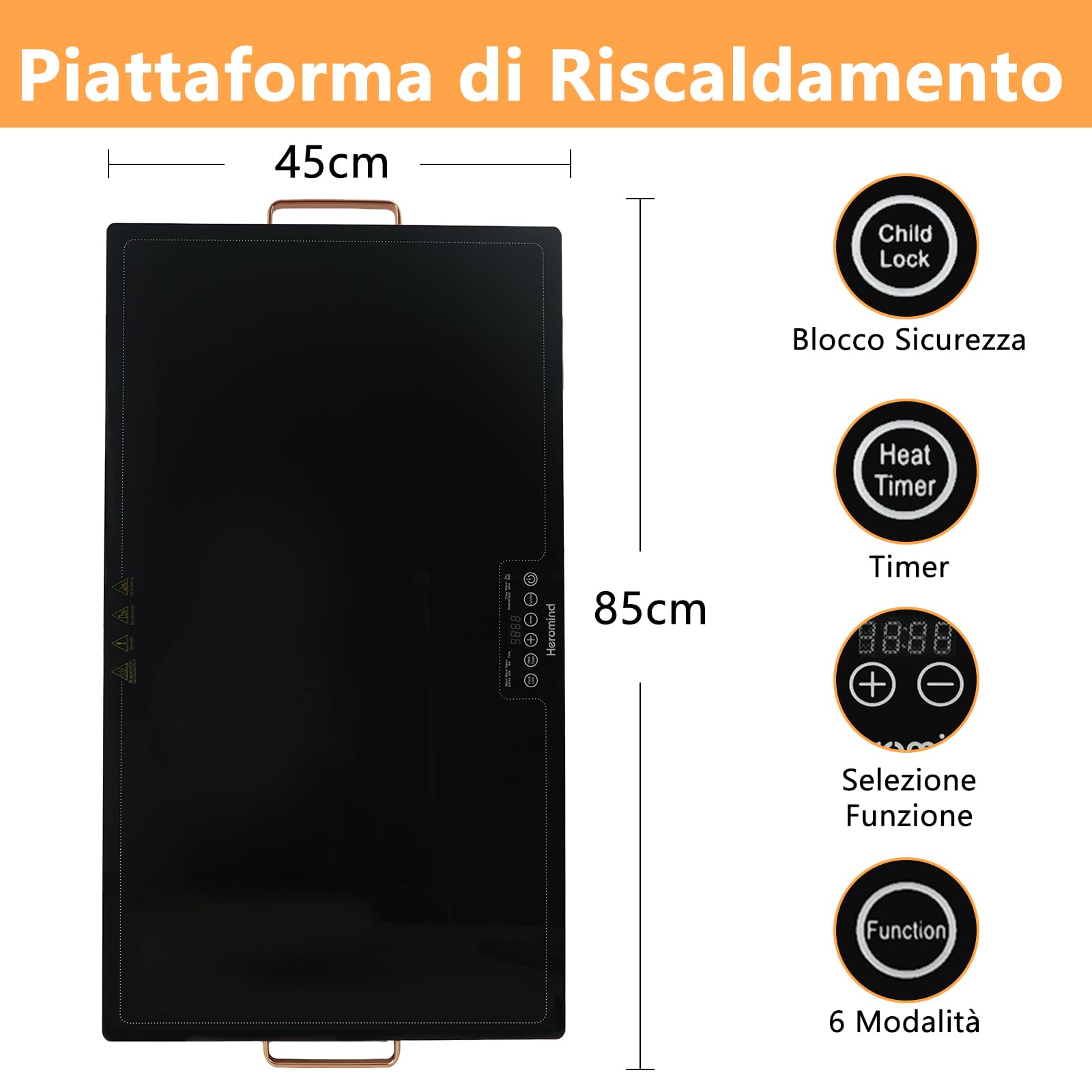 Piastra scaldavivande professionale 80 x 45 cm, 450 W, con bordo in acciaio inox, con manico, per ristorante e casa