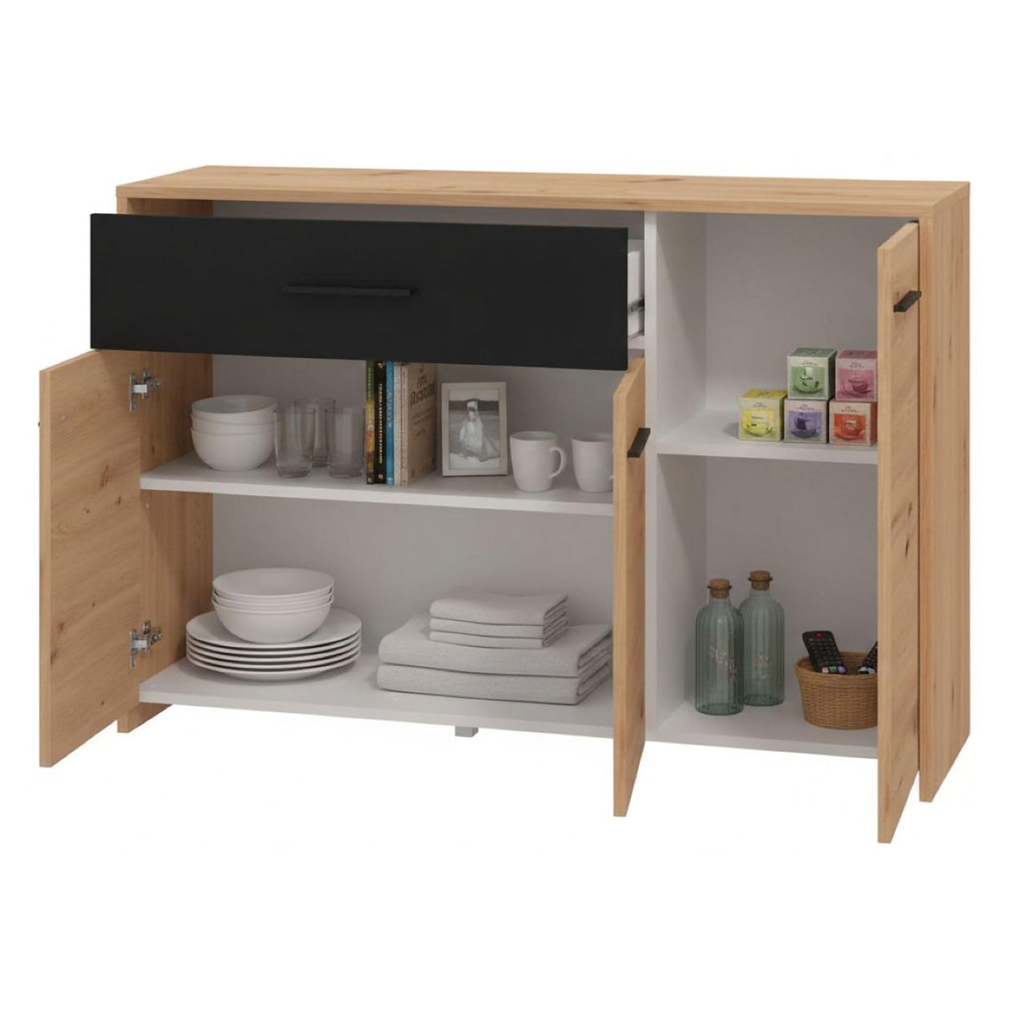 Dmora Credenza Funachi 119x33x81h cm Marrone Rovere Nodi 2 Ripiani un Cassetto, Madia 3 Ante