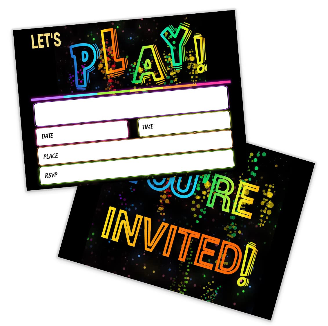 Neon Glow Birthday Party Invitation with Envelopes, 20 Neon Party Invites for Boys Girls Kids, Favors Birthday Supplies - Black