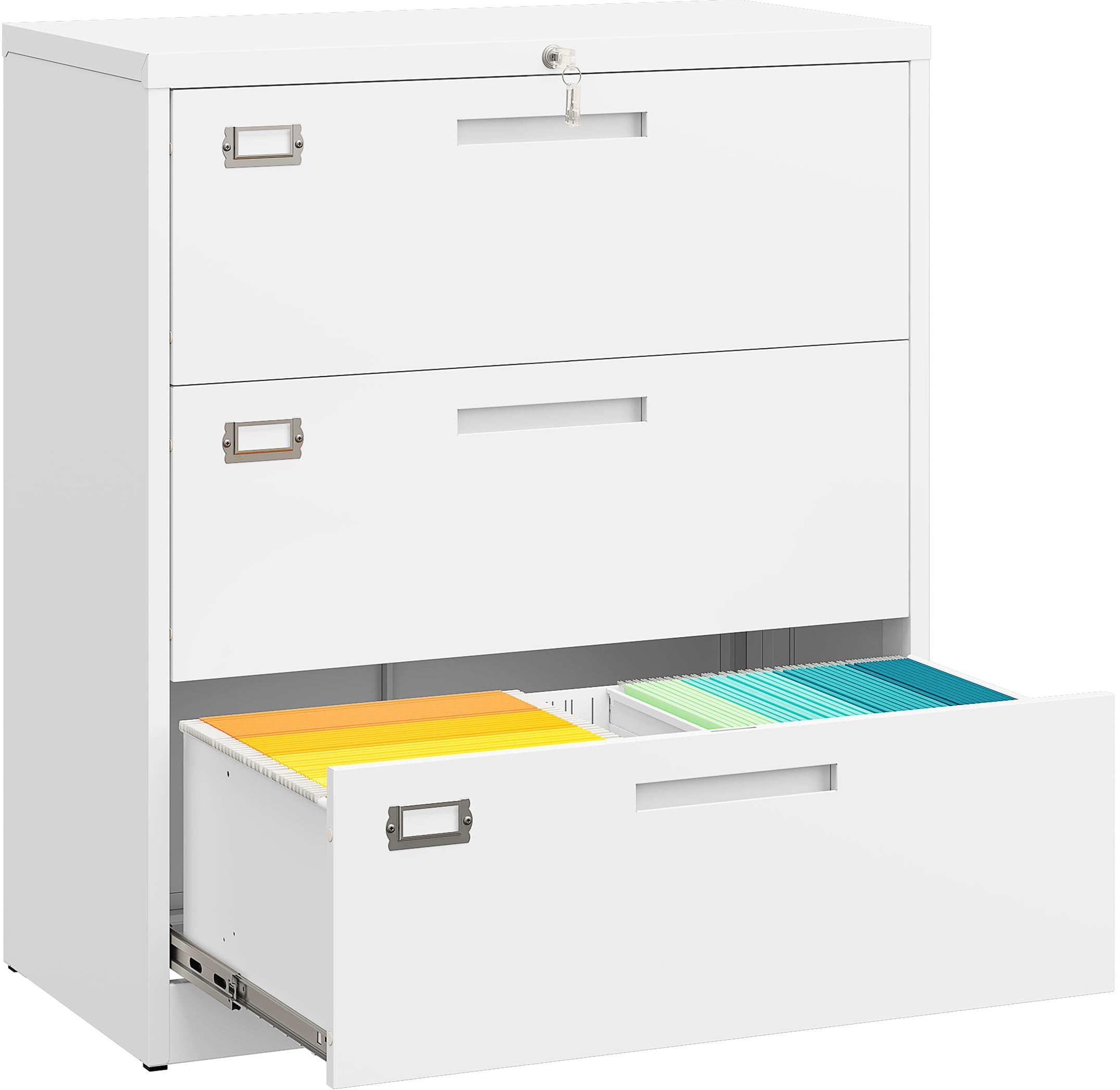 SISESOL 3 Drawer Lateral File Cabinet with Lock,White Lateral Filing Cabinet,Horizontal Metal Filing Cabinets,Locked Wide Three Drawer File Cabinets
