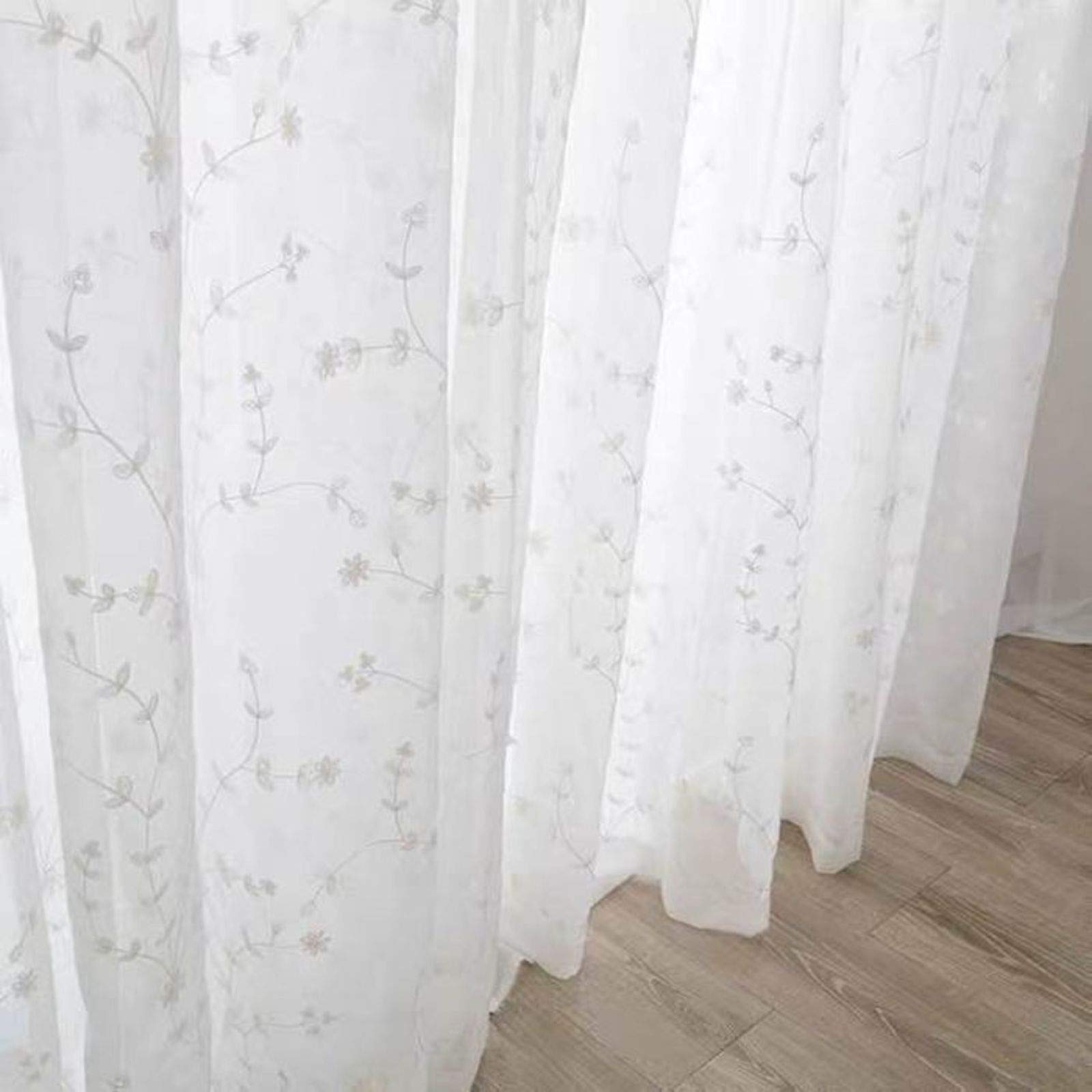 Rideau broderie florale en voile blanc 200x270cm avec crochets