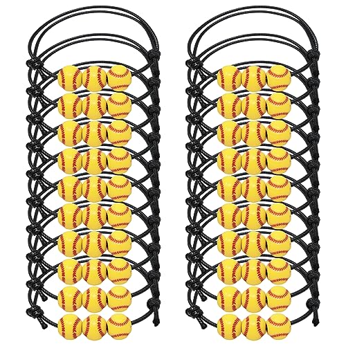 Honbay 20PCS Adjustable Black Braided Rope Bracelets Softball Beads Bracelets Yellow Softball Beads Wristbands Inspirational Sports Ball Bracelets Sports Party Favors Sport Team Gifts