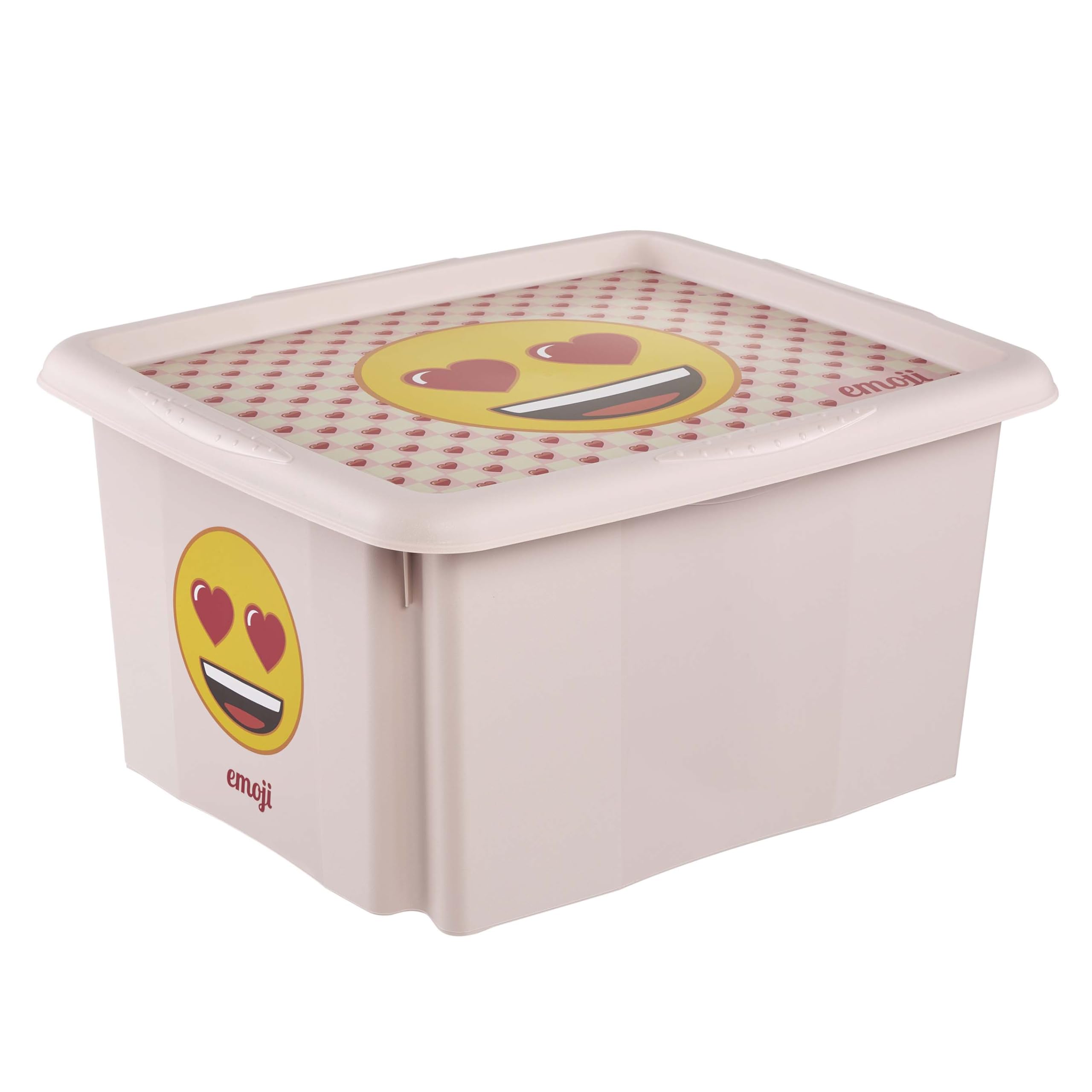 keeeper karolina storage box with lid, 30 l, stackable and nestable, design: Emoji Hearts, for children, pink (Nordic Pink)