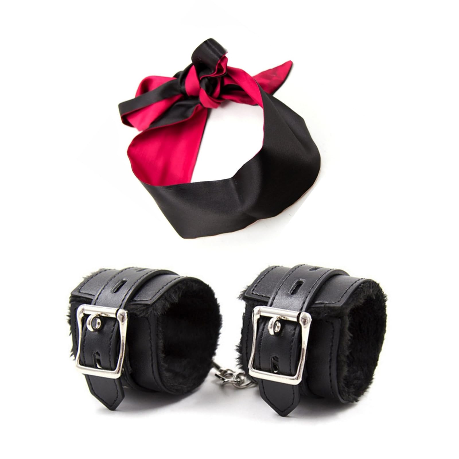 WOLFSDN Fluffy Handcuffs Satin Eye Mask Blindfold Kit - Hand Cuff Set - Black Blindfold Satin Eye Mask - Adjustable Handcuffs Fluffy Bracelet-(Black)