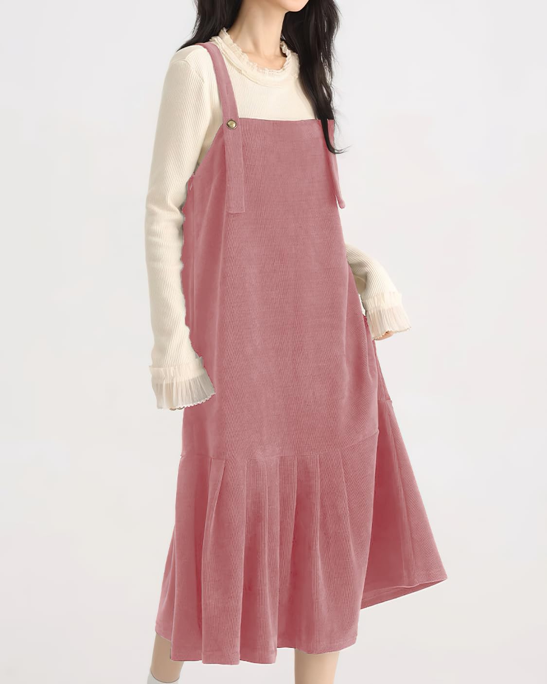 chouyatou Women's Cute Ruffle Corduroy Pinafore Overall Dress Pleated Flared Mid long Bib Jumper Dress