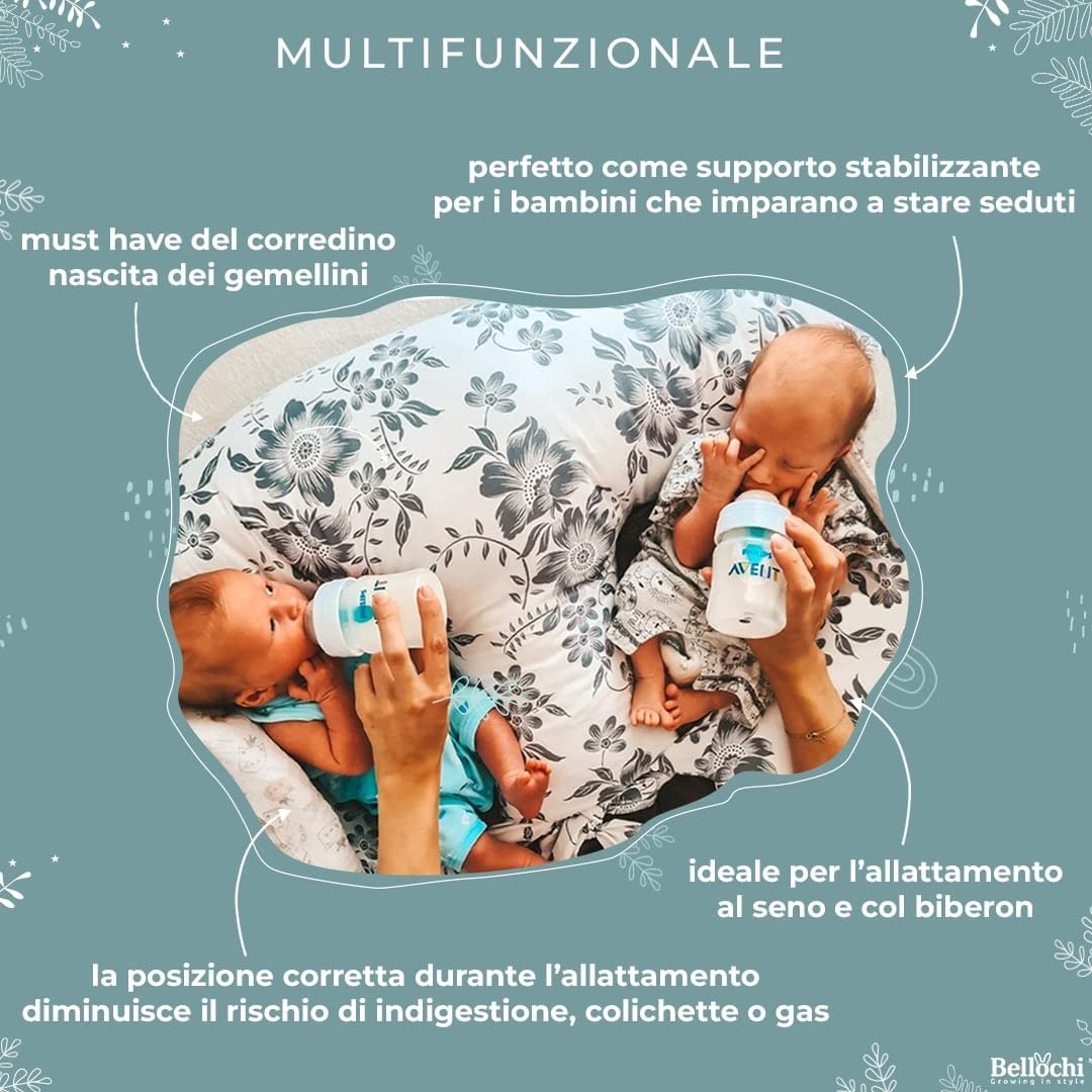 Bellochi Cuscino Allattamento Gemellare Cuscino da Allattamento con Fodera - Cuscino per Allattamento Multifunzionale di Cotone - Magnolia