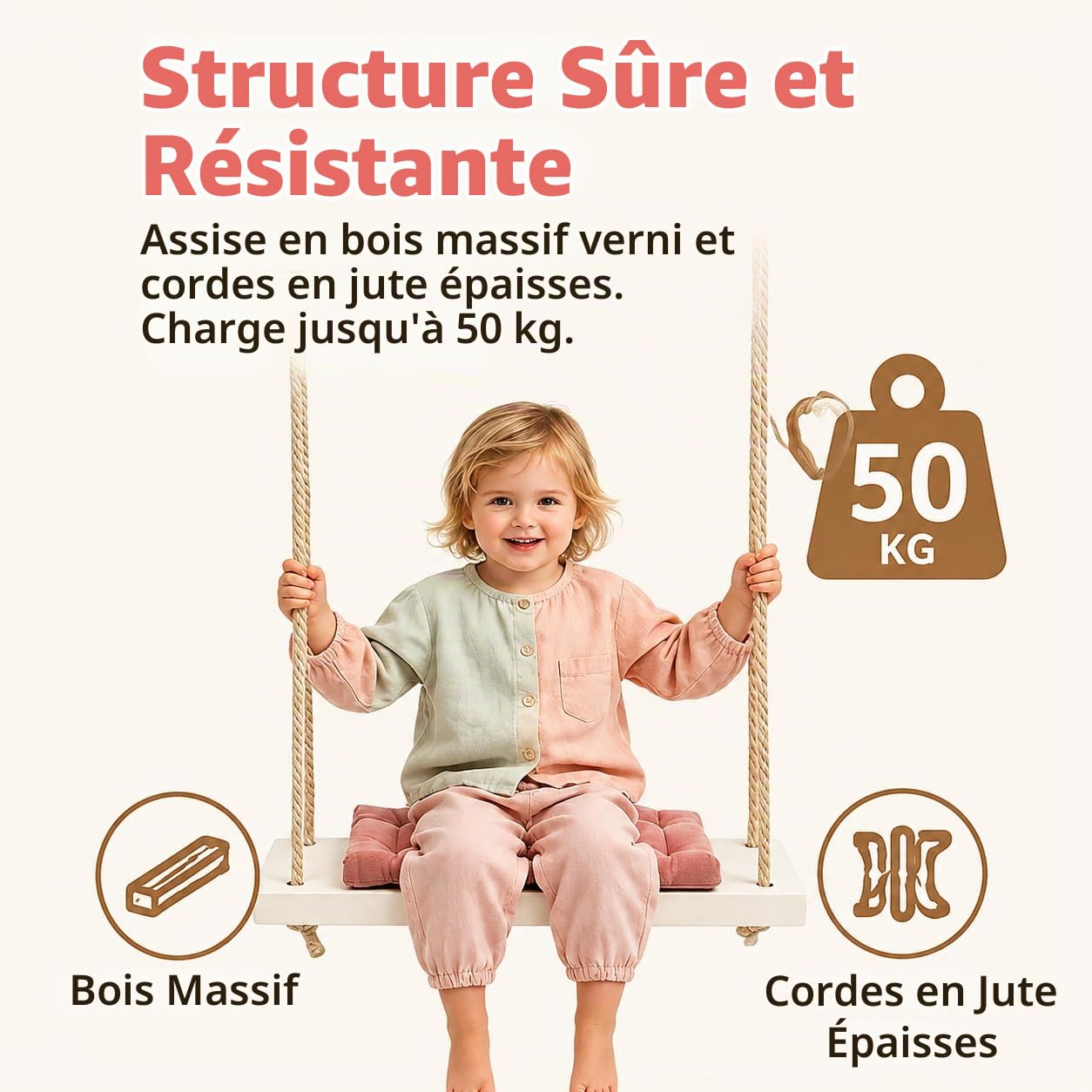 Fauteuil suspendu avec coussin épais - Balançoire en bois épais - Balançoire suspendue rose - Support intérieur/extérieur - Capacité 50 kg
