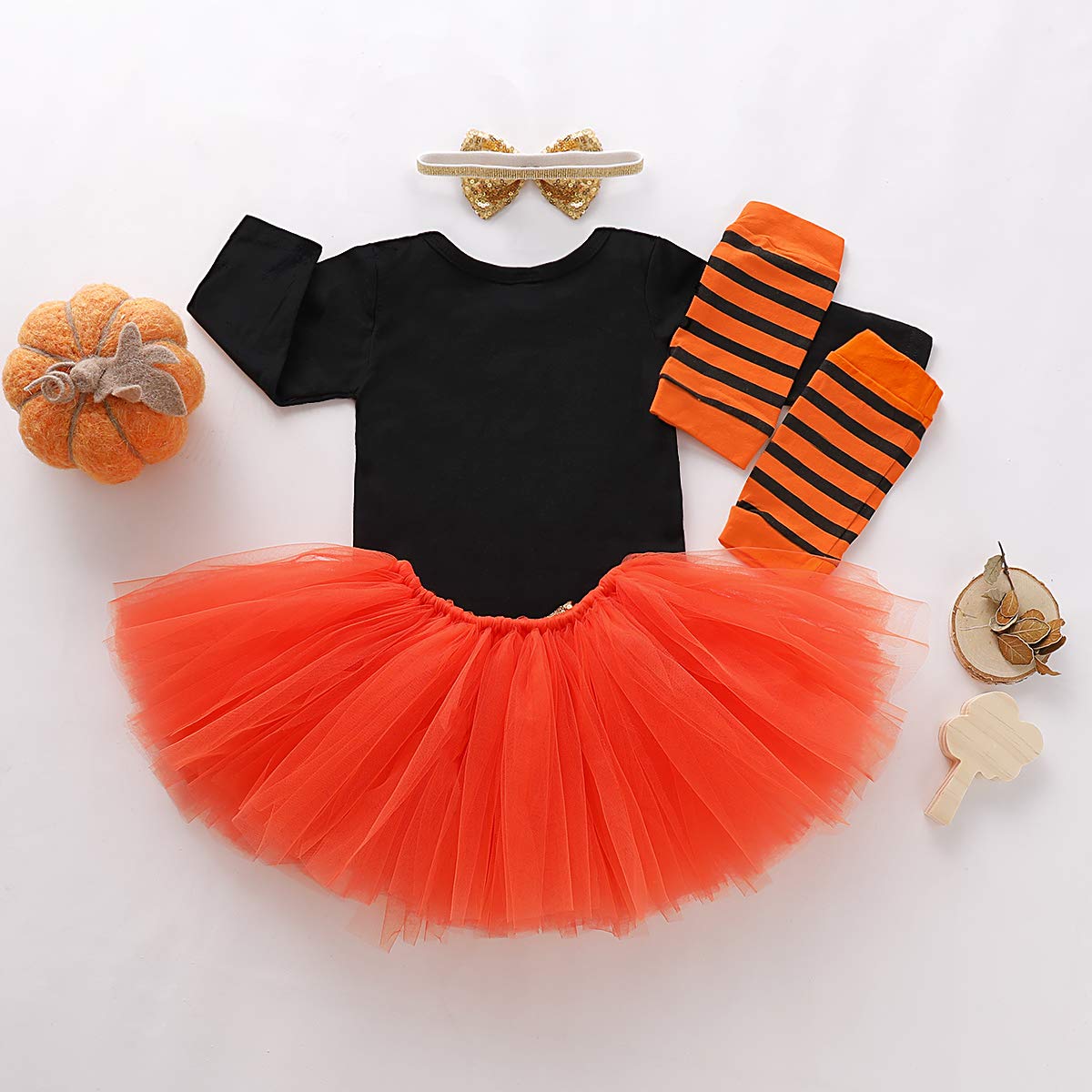 DaceStar Costume Halloween Neonata, Il Mio Primo Vestito Halloween Neonata, Pagliaccetto Zucca Bambino+Gonna Tutu+Calze Lunghe+Fascia, Costume Bambina 0-18 Mesi