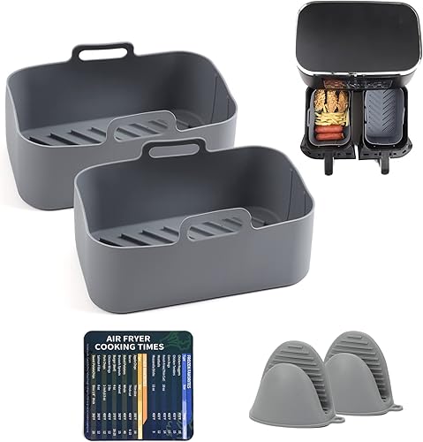 Cicano Freidora de aire de silicona para freidora de aire doble, juego de 5 cuencos de silicona reutilizables resistentes al calor para freidora de