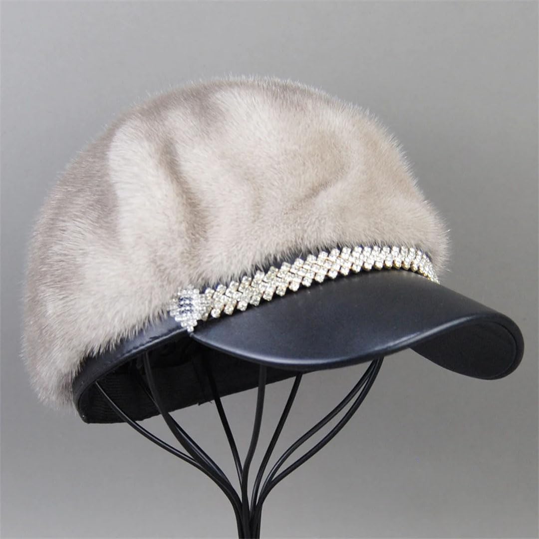 Gorros de invierno de piel de visón real de piel de visón para mujer, cálidos y naturales, viseras de piel de visón, gris (Gray9 2), Talla única