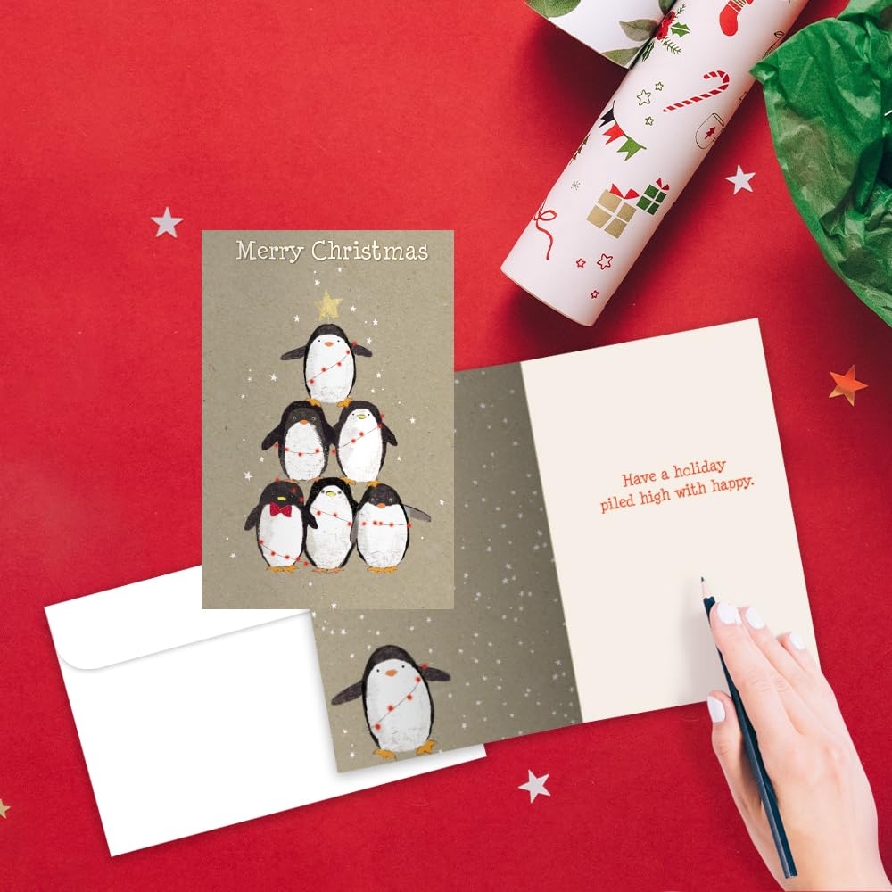 Tree-Free Greetings - Season's Greeting Card - Artful Designs - 1 Card + Matching Envelopes - Made in USA - 100% Recycled Paper - 5"x7" - Penguin Pile (FS93532) - Image 2