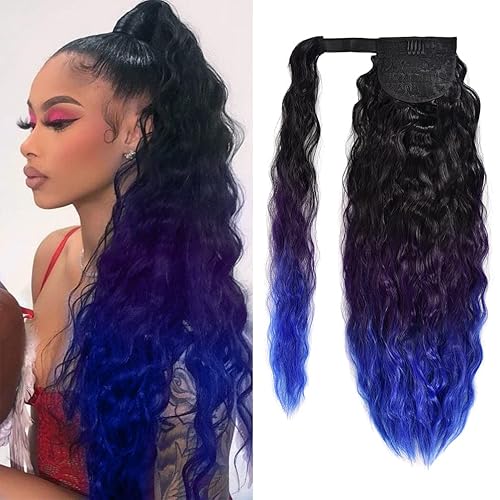 Miniatura 20 de Extensión de cola de caballo con clip de onda de maíz, 22 pulgadas de largo, ondulado, rizado, envolvente, resistente al calor, sintético, postizo