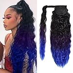Corn Wave Ponytail Extension Clip in - 22 Inch Long Wavy Curly Wrap Around Pony Tail Synthetic Ponytail Hair Extainson for Women (Natural Black to Purple to Blue)