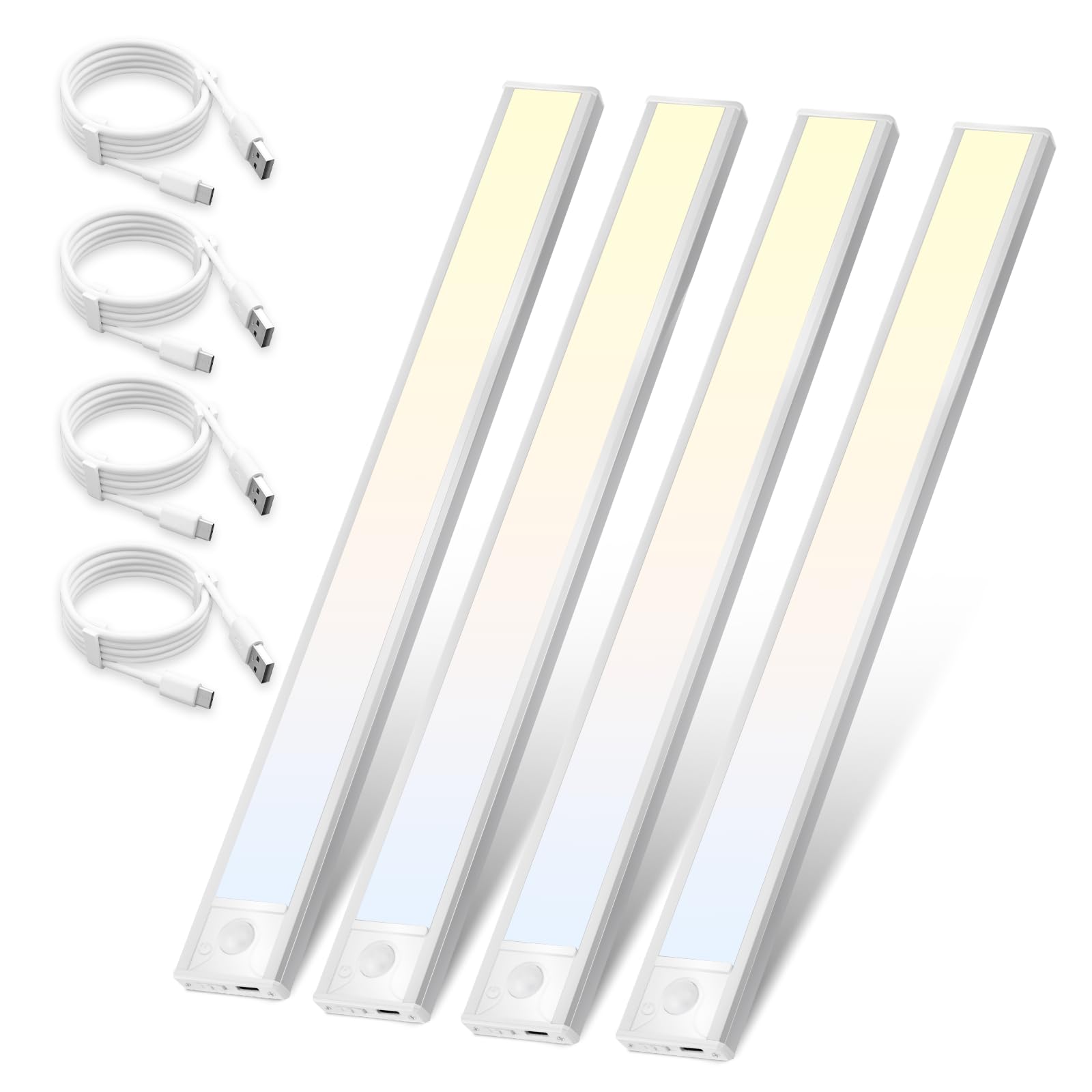 Homefire Unterbauleuchte Küche Led mit Bewegungsmelder 40CM 4 Stück Silber | Schrankbeleuchtung Dimmbar 3 Farbtemperatur Schrankleuchte USB 1500mAh*2 Wiederaufladbar Treppenlicht für Schlafzimmer Flur