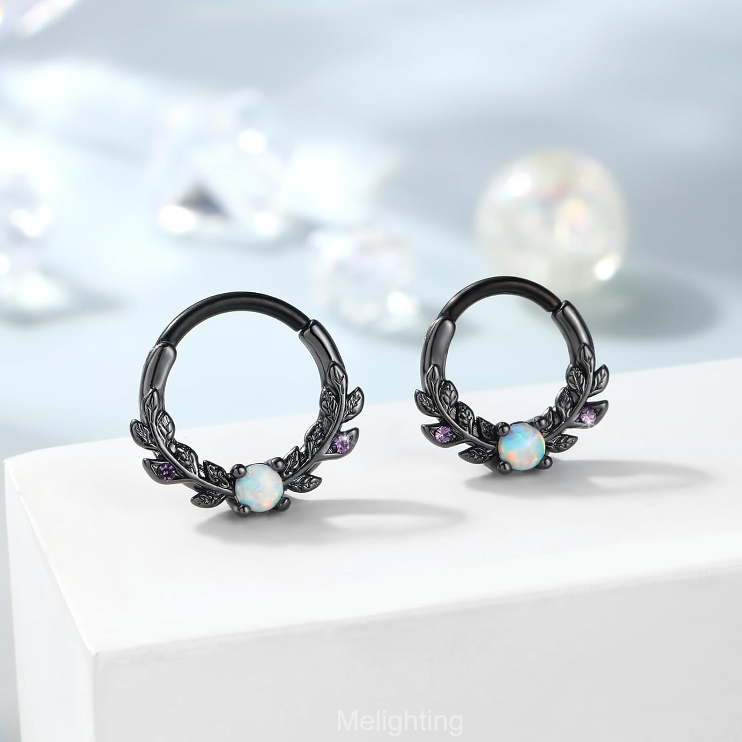 Melighting Opal Septum Ring 16G Vine Septum Jewelry Stainless Steel 316L Septum Piercing 10mm Daith Piercing Jewelry 8mm Conch Helix Earring Cartilage Earring for Women - Image 4