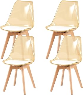 U2PICK Set of 4 Dining Chairs Modern Kitchen Clear Acrylic Dining Chairs with PU Leather Cushions and Solid Beech Wood Legs for Living Room and Bedroom Amber