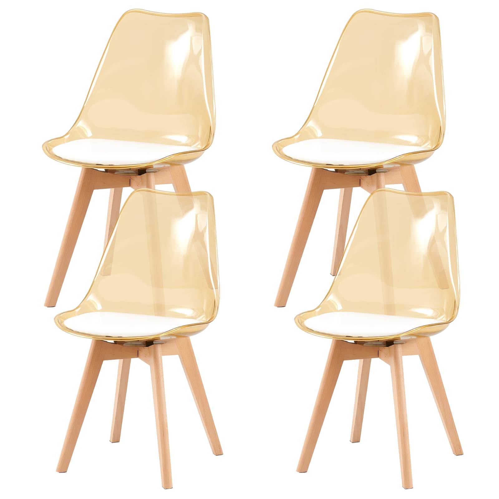 U2PICKSet of 4 Dining Chairs Modern Kitchen Clear Acrylic Dining Chairs with PU Leather Cushions and Solid Beech Wood Legs for Living Room and Bedroom Amber