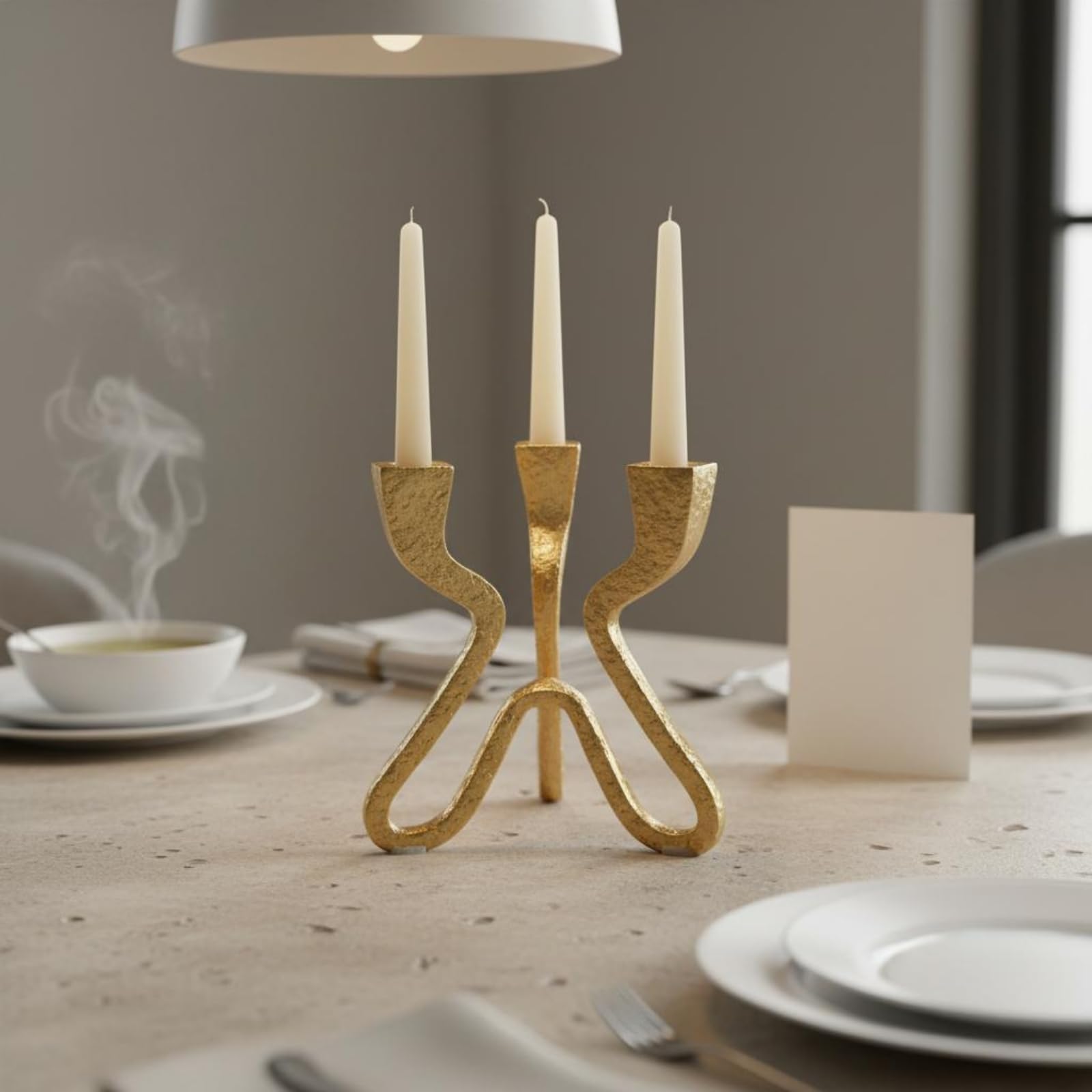 predolo Holder Portacandele Scultoreo Candeliere Astratto Supporto Tre Candele Struttura Aperta Resina Testurizzata Finitura Adatto a Mensole Camini Tavoli Sala da Pranzo Soggiorno, Oro