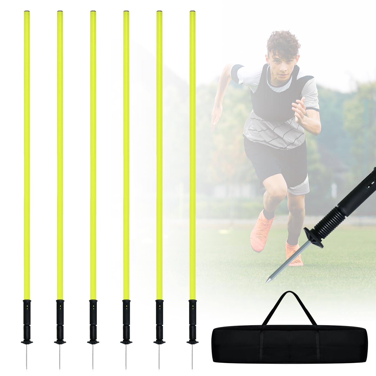 HENGMEI Slalomstangen Set aus 6 Slalom Stangen Fussball Trainingszubehör Hürdenstangen Agility Stangen Set Für Hunde Trainingsstangen mit Erdspieß und Tragetasche