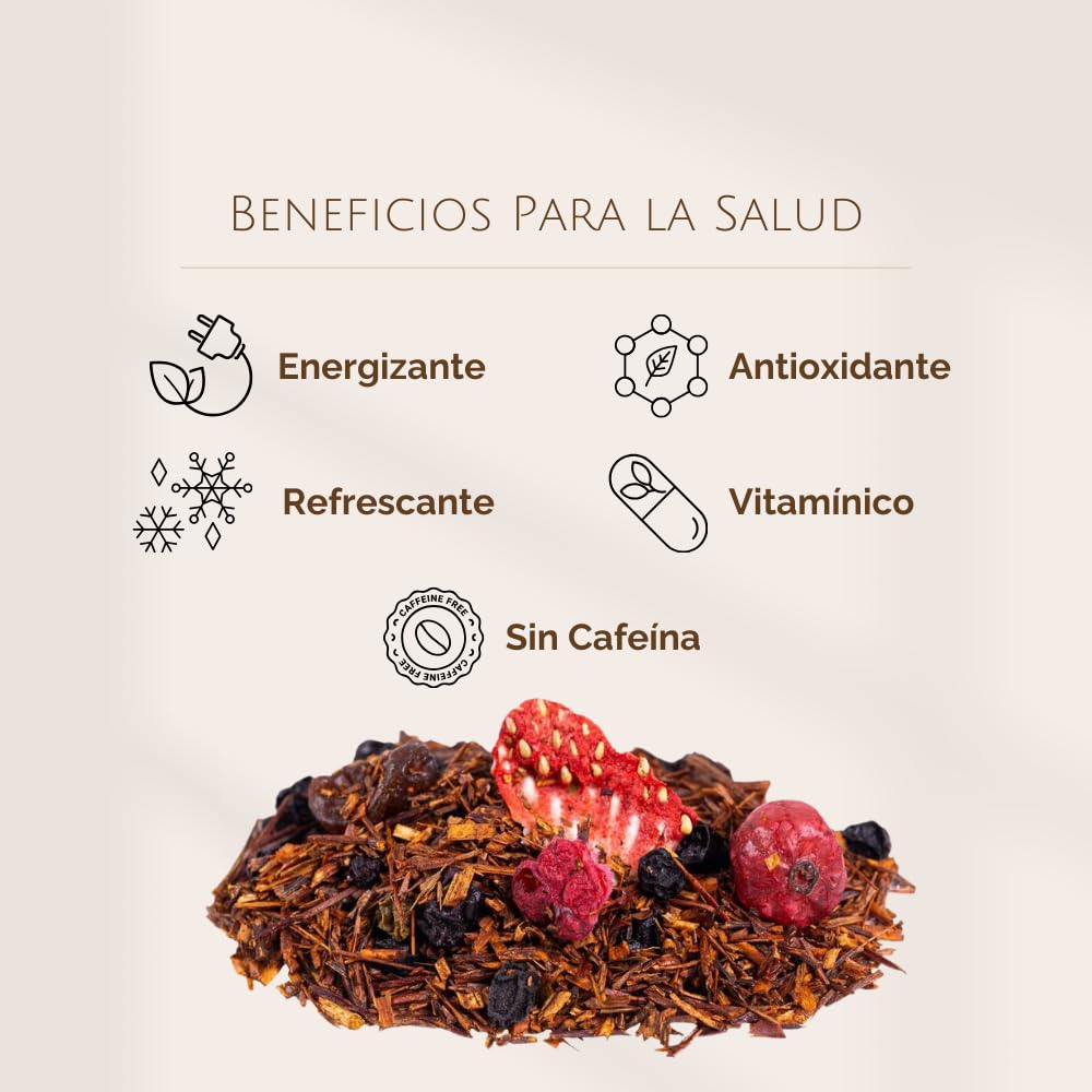 Rooibos de Frutos Rojos a Granel 100 Gramos - My Tea Moments - Cultivo Sostenible - Ingredientes Naturales: Baya de Saúco, Frambuesa, Fresa, Grosella, Grosella Negra, Uva Pasa.