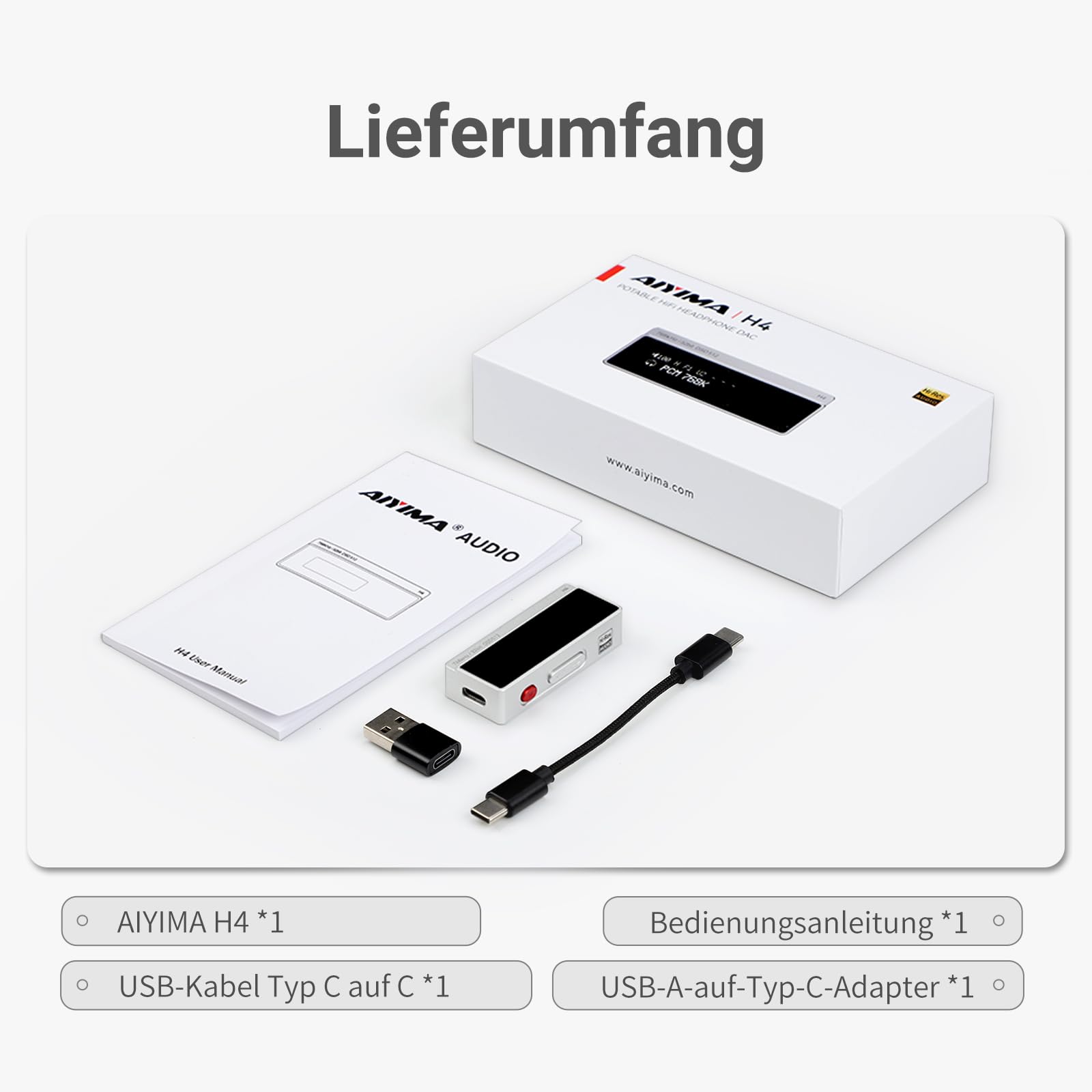 AIYIMA H4 USB-C tragbarer Hi-Fi-DAC-Kopfhörerverstärker mit ES9039Q2M-Chip, zwei Kopfhörerausgängen (3,5 mm Single-Ended und 4,4 mm symmetrisch), kompakter DAC-Verstärker mit Display für PS5/Switch