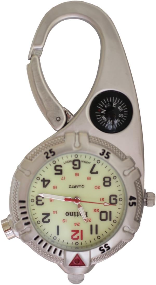 EntinoUnisex Mini Clip FOB Carabiner Watch Compass Bright LED Green Luminous Face Doctors Nurses Analog Display Quartz Movement