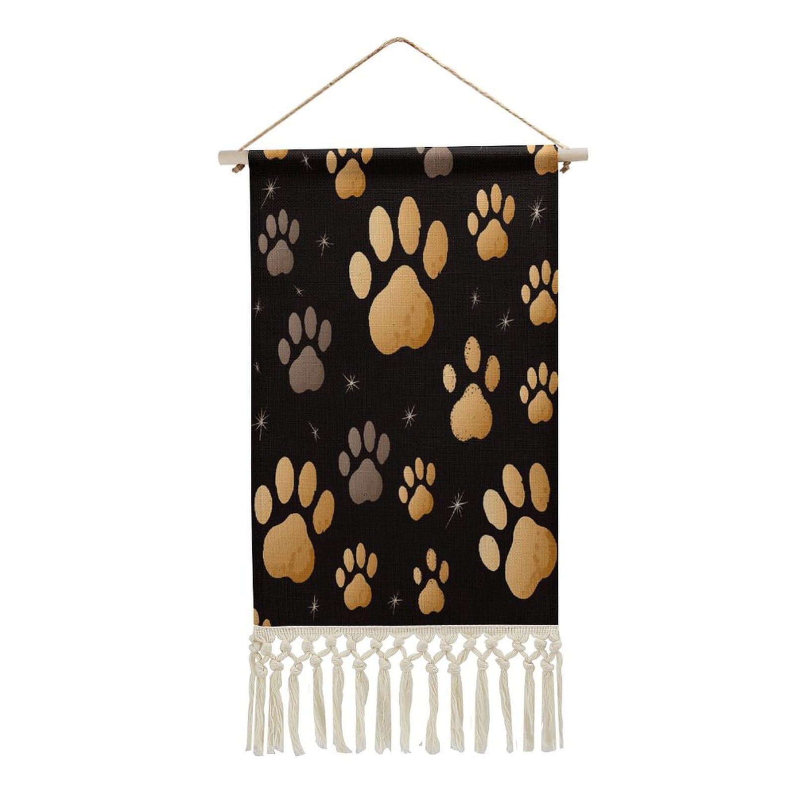FekiLoot Dog Paw Print Wall Art Print Decor Art Tapestry with Tassel Cotton Linen Hanging Poster Vintage Aesthetic Wall Art Poster Rustic Wall Art Decor for Home Bedroom Living Room Office