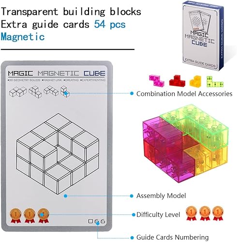 Miniatura 6 de Bloque de construcción magnético, cubo transparente con 54 tarjetas guía, diferentes formas, adecuado para mayores de 3 años y desarrollo de
