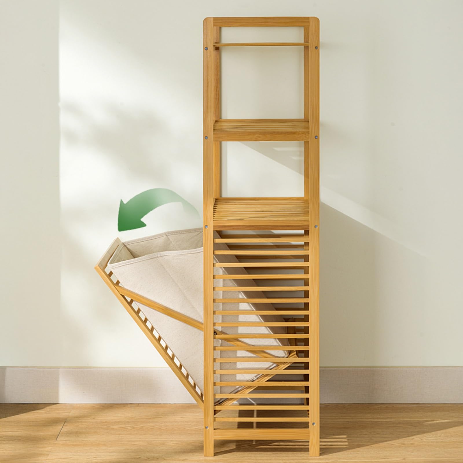 Wäschekorb Bambus, Badschrank mit 2 Ablagen für Badaccessoires als Wäschebehälter mit ausklappbarem Wäschesack Wäschetruhe Einfach zu Montieren für Badezimmer Schlafzimmer Wohnheime(40x30x95cm/
