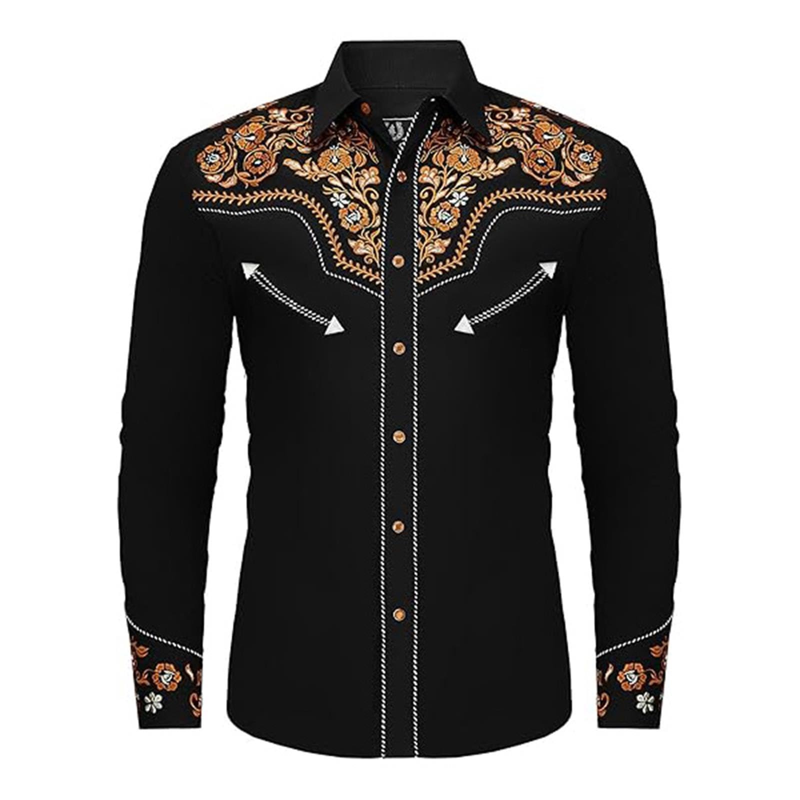 Cowboy Shirts for Men Button Down with Embroidered Western 70s Long Sleeve Cowboy Outfit Fancy Dress Country and Western Clothing for Oktoberfest Halloween and Costume Party,Orange,L