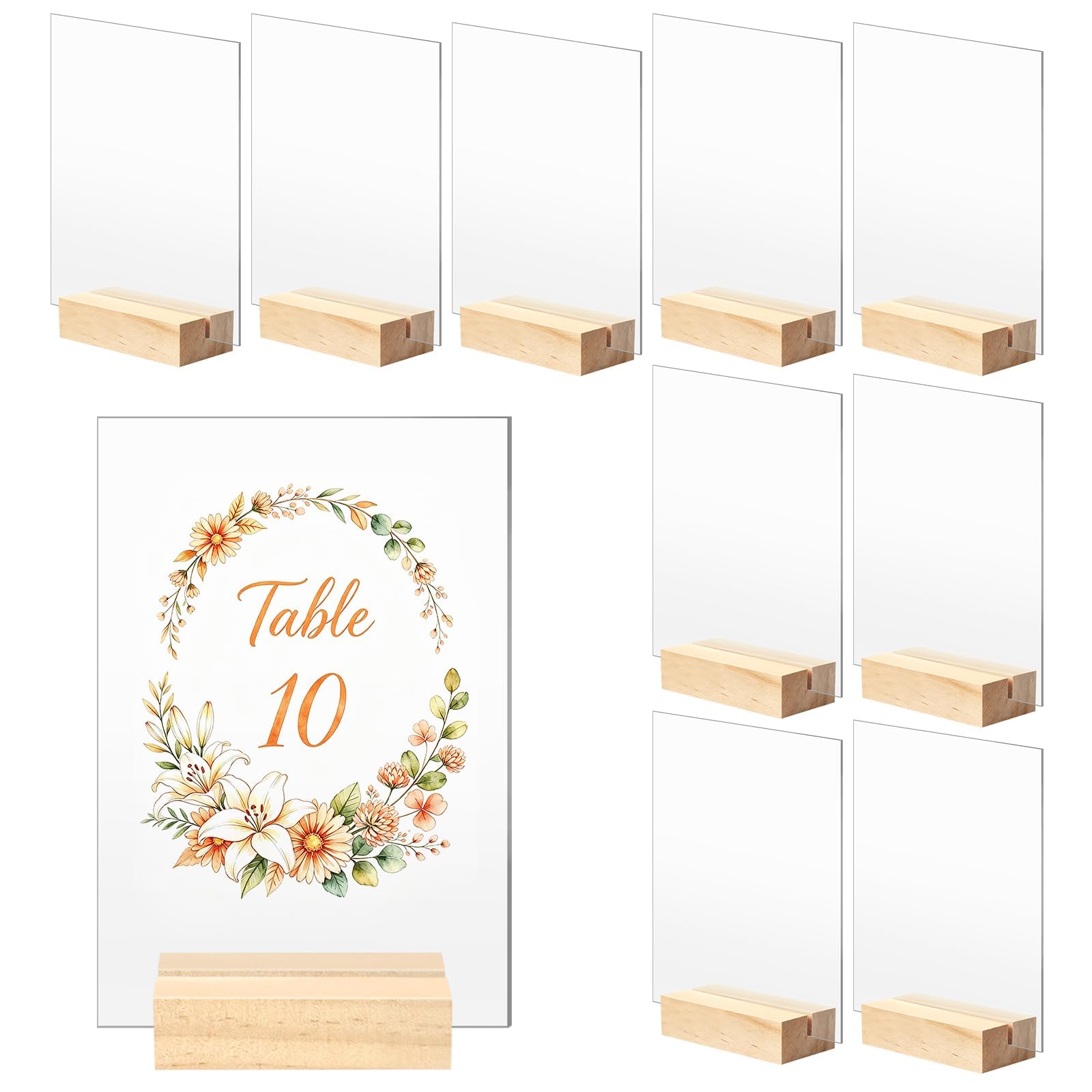 Bercoor 10 Pack 4x6 Inch Blank Clear Acrylic Sign with Wooden Stands, Rectangle Top Acrylic Sheet, DIY Acrylic Rectangle Table Numbers for DIY Name Card Gifts Event Party Sign Decoration