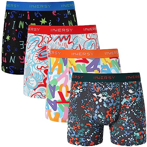 INNERSY Caleçon Homme en Maille Boxer Microfibre Braguette Ouverte sous Vetement Doux Lot de 4 (L, Graffitis colorés)