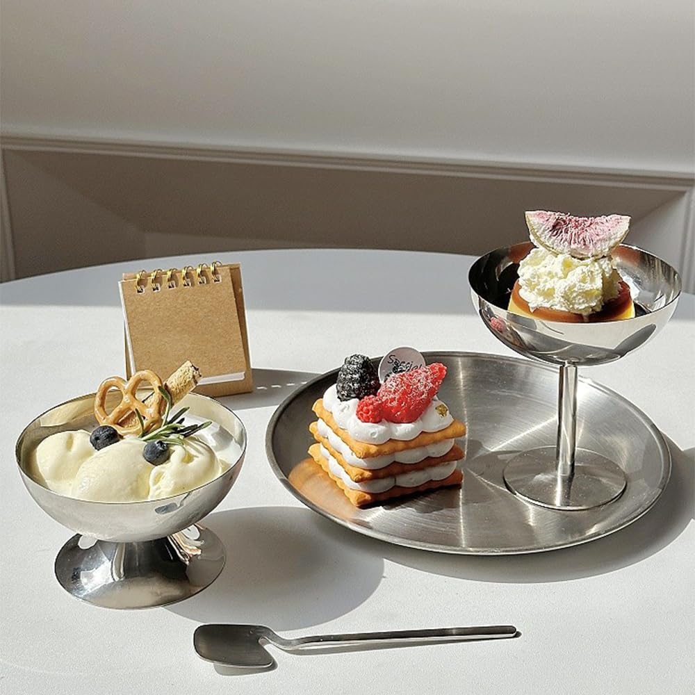 4 Pezzi Coppe Gelato, Ø 10cm 200ml Tazza per Gelato in Acciaio Inossidabile Vintage Ciotola per Gelato Rotondo da Dessert con Piede, Bicchieri da Gelato Yogurt Snack Tazze Caramelle Ciotele (Tall)