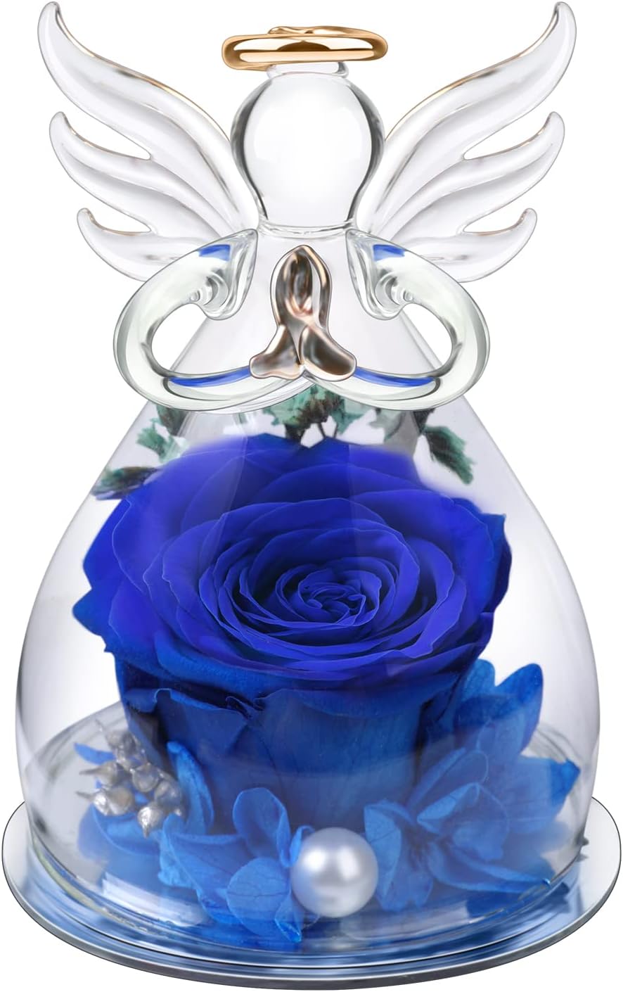 XJSGSPreserved Real Rose Angel Figurines, Forever Rose for Women Girlfriend Wife Mom Grandma Christmas Valentines Day Birthday Anniversary. (Blue)