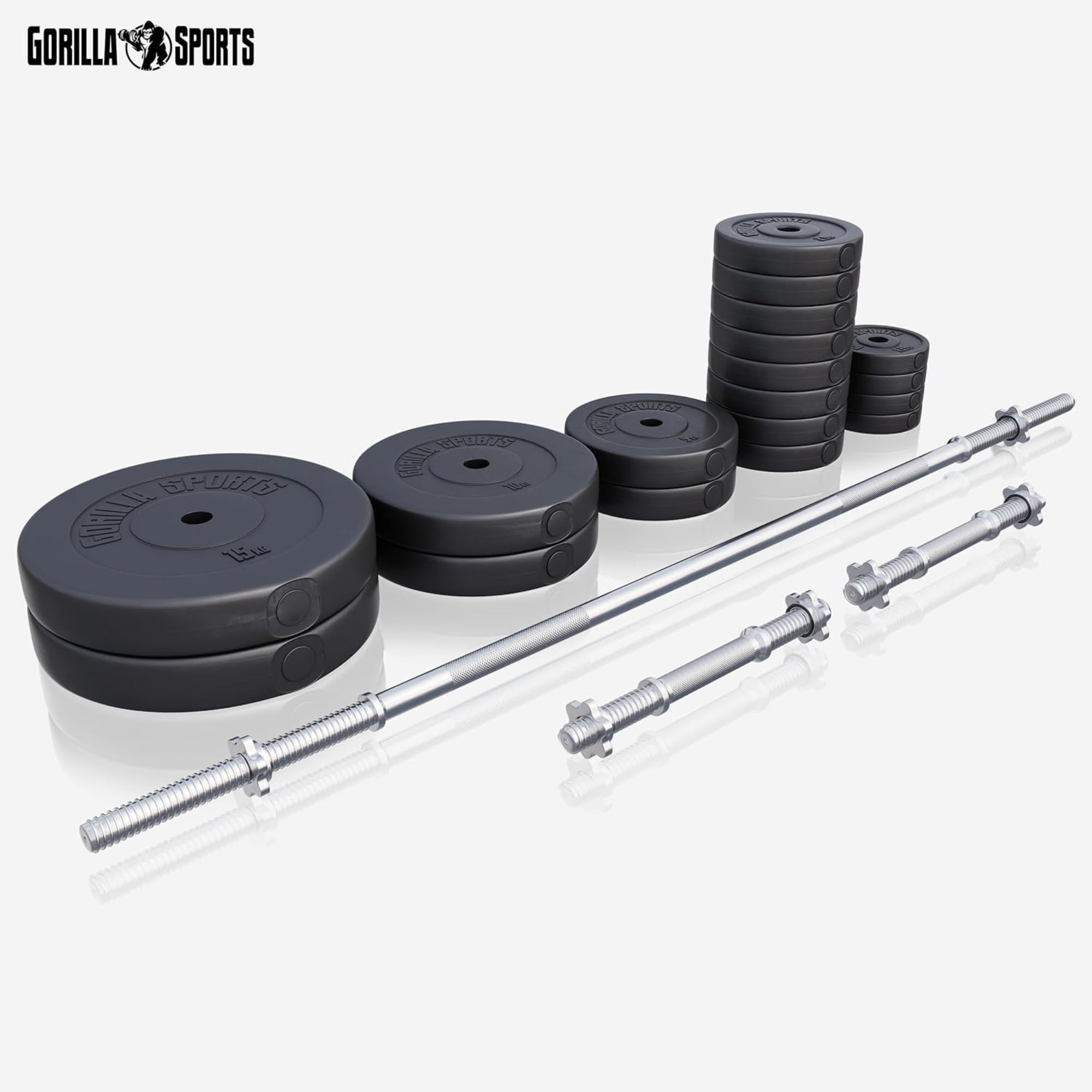 GORILLA SPORTS® Juego de mancuernas – 60 kg, 100 kg o 130 kg, barra larga de 170 cm, 2 mancuernas, discos de plástico de 30 mm, con cierres de estrella – Juego de mancuernas, mancuernas, pesas y
