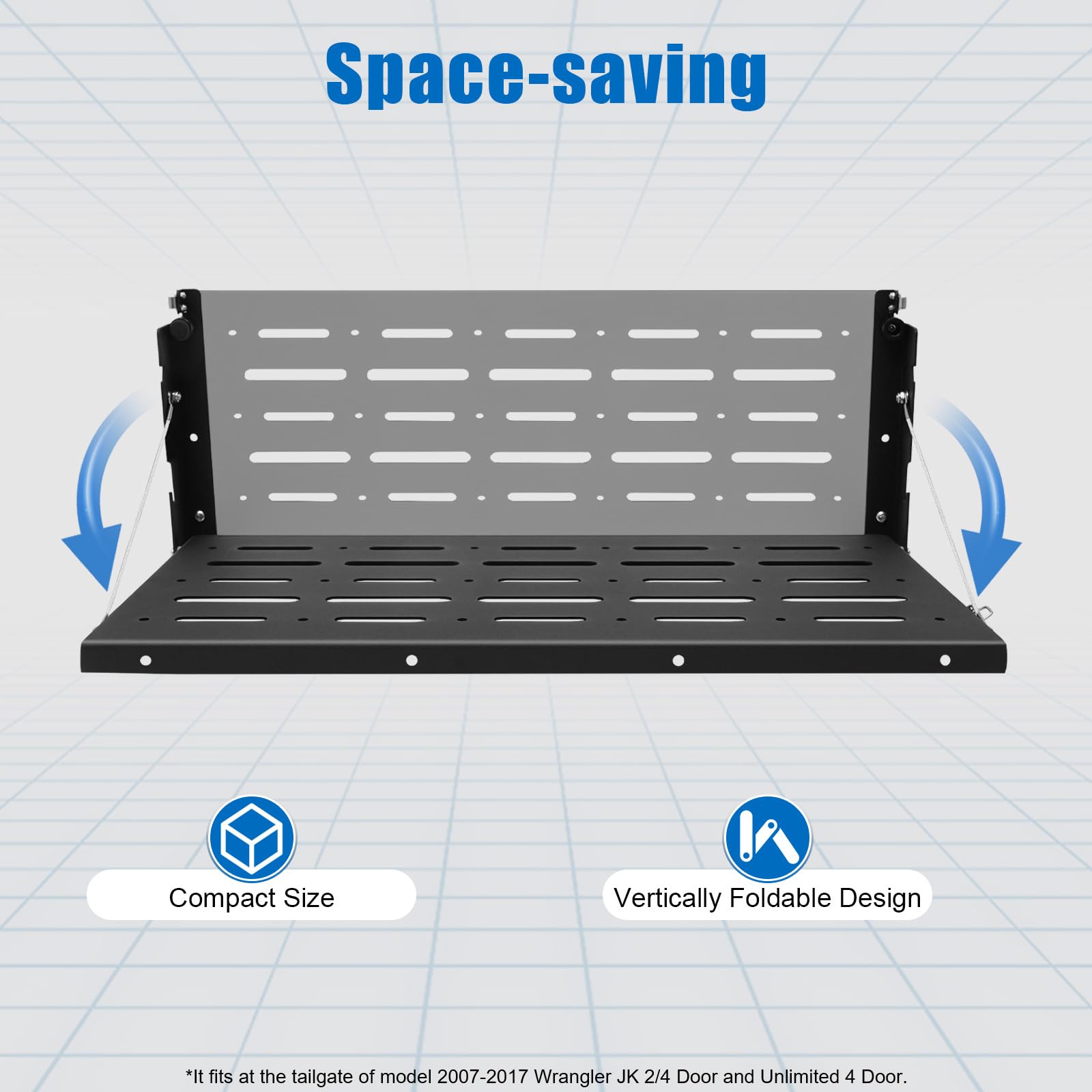 Mesa plegable para Jeep Wrangler JK 2007-2017 | Mesa de portón trasero | Estructura de acero con capacidad de carga de 34 kg | Ahorra espacio plegable | Ideal para camping y viajes por