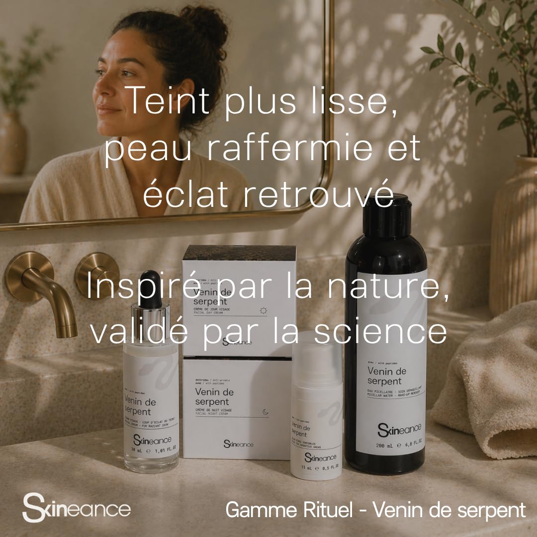 Skineance - Gamme Rituel Venin de Serpent | 5 Produits Soin Visage Anti-âge | Crème Jour 50 ml + Crème Nuit 50 ml + Eau Micellaire 200 ml + Sérum 30 ml + Sérum Zones Sensibles 15 ml | Coffret beauté