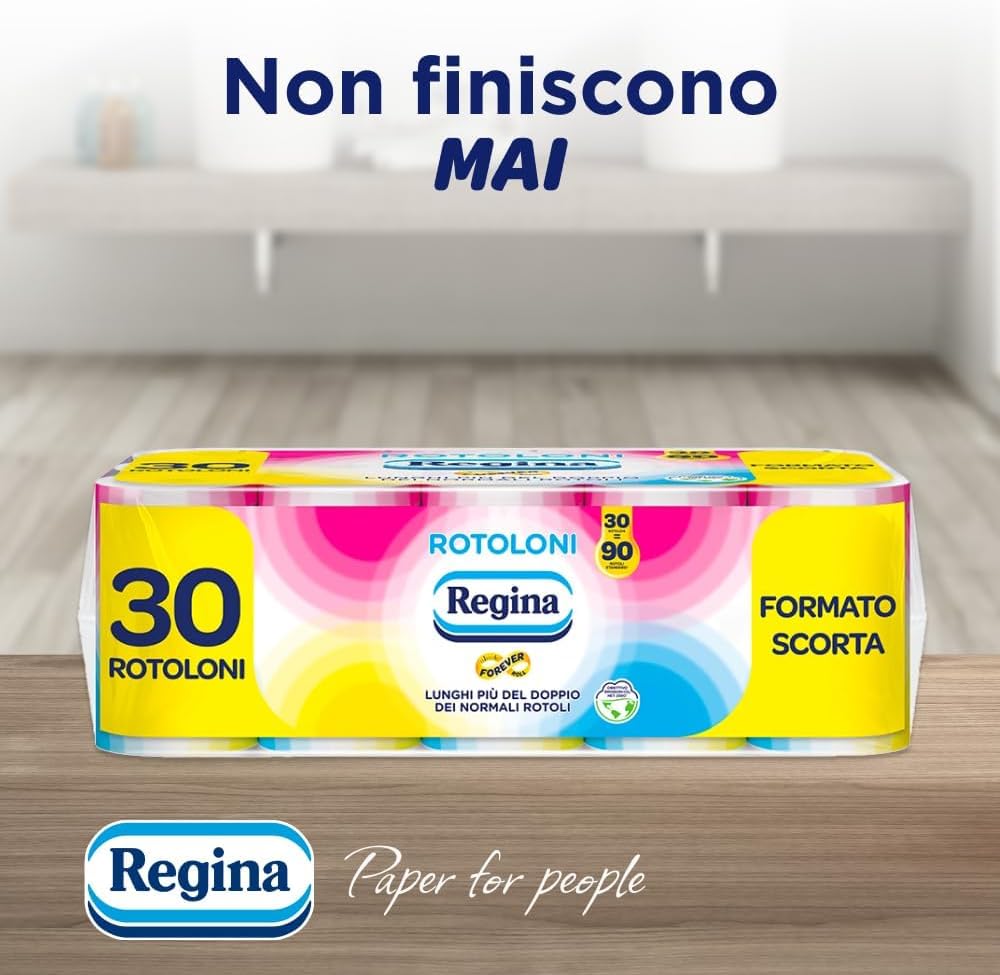 Regina 30 Rotoloni di Carta Igienica + 10 Confezioni Asciugamani Monouso | 500 Fogli a 2 Veli, Lunghi Più del Doppio dei Normali Rotoli e 100 Servizi Usa e Getta Pratici ed Igienici