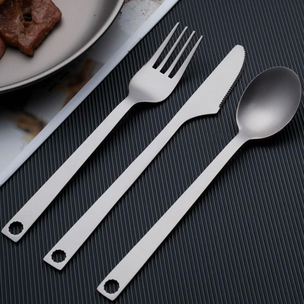 Beau Couverts en Alliage de Titane, Couteau, Fourchette et cuillère, Ensemble de Couverts de Cuisine Domestique, Vaisselle Portable de Camping en Plein air (Argent) Pratique
