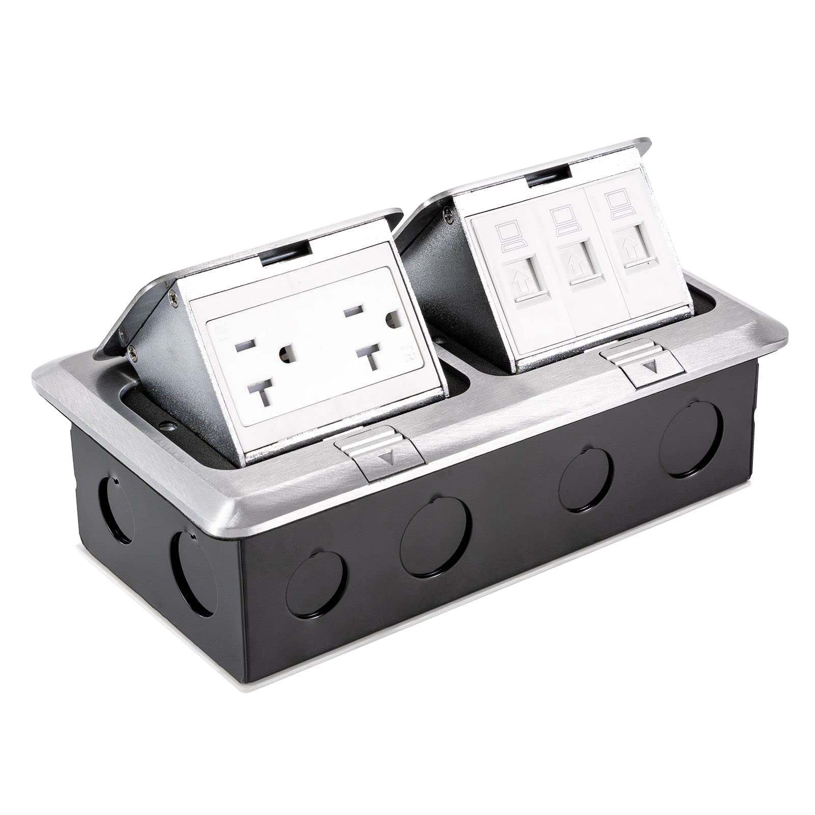 Dual Pop-Up Floor Electrical Outlet Box Kit, 20 Amp Stainless Steel USB TR Tamper-Resistant Duplex Receptacle Outlet, 3-Port RJ45 Datacom Receptacle, Corrosive Resistant Hardware, Stainless Steel