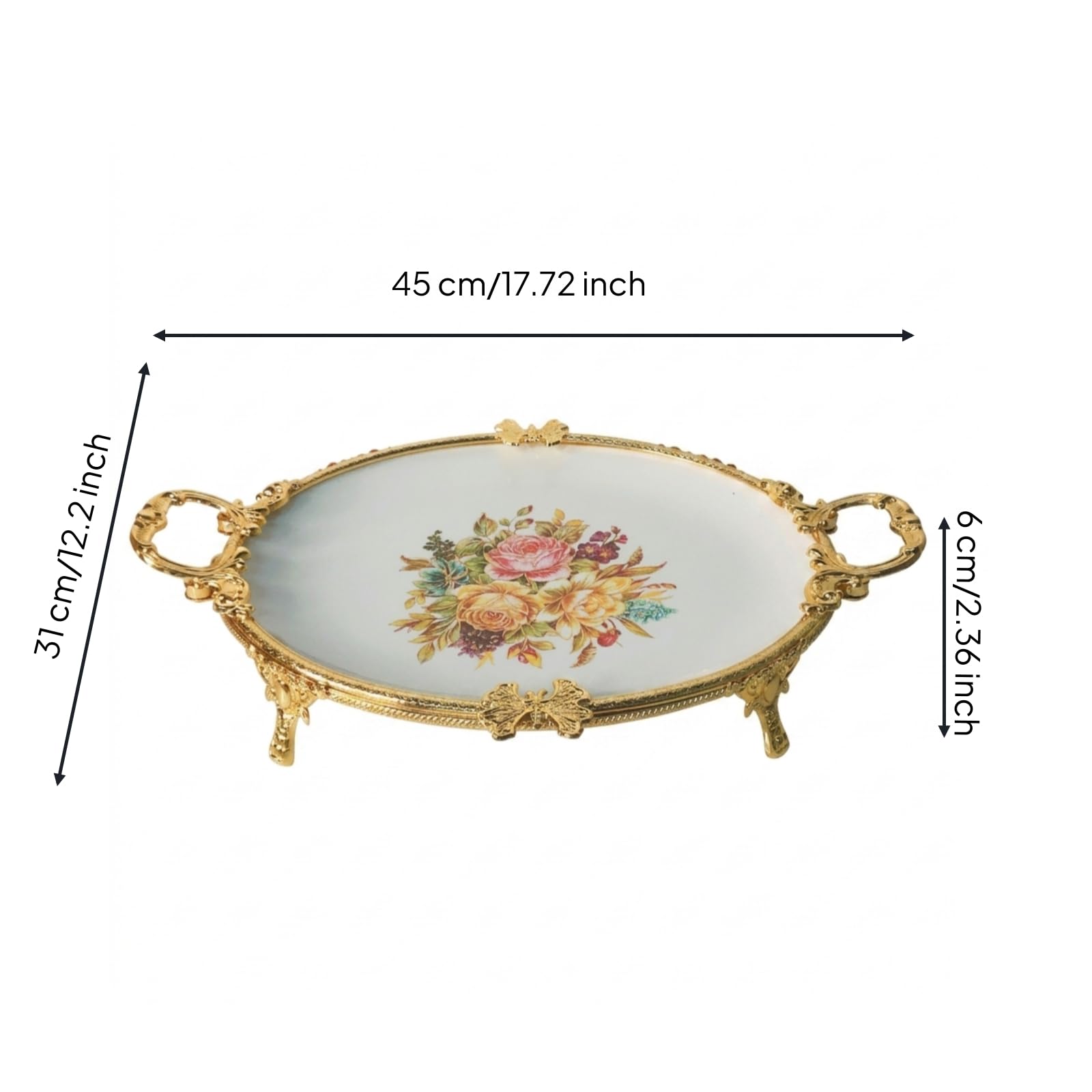 Piatto Industriale Vassoio Vassoio da Portata Vassoio Ovale Piatto da Servire Ceramica E Metallo con Manici Decorativi, Oro, Ovale 45 Cm, Oro con Motivo Floreale