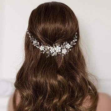 Jakawin Flower Bride Wedding Hair Vine Silver Bridal Rhinestone Hair Piece Pearl Headband Crystal Hair Accessories for Women and Girls HV098