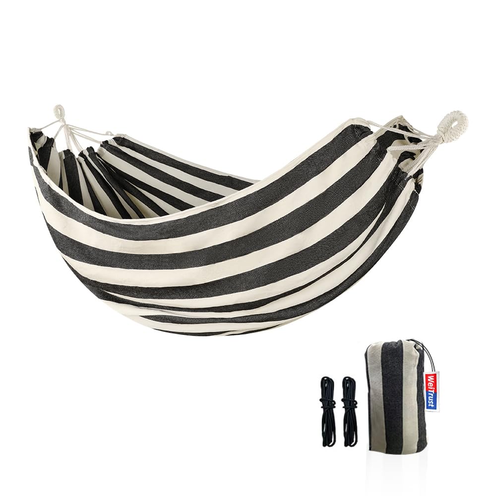 Photo 1 of WeiTrust Cotton Canvas Hammock with Tree Straps - Portable Hammock for Outdoor Indoor Patio Backyard, Camping Hammock with Carry Bag, 440lbs Capacity, Without Stand(Black, Without bar)