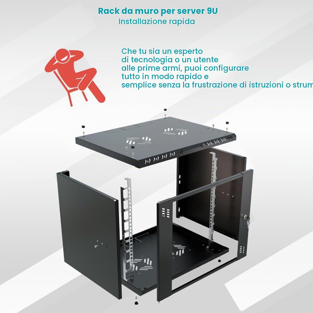 Armadio di Rete 19 Pollici - Armadio Rack 9U - Server Rack per Montaggio a Parete - Capacità di Carico 45 kg - Profondità 350 mm - Rack 19 Pollici - Nero