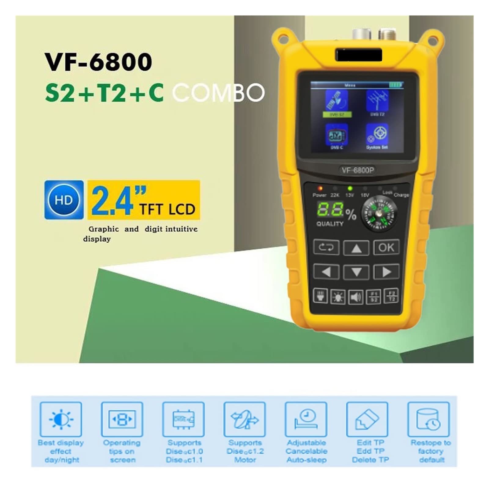 Medidor de Intensidad de señal de TV, Buscador de satélite Digital VF-6800, Compatible con DVB-T2/DVB S2/DVB C, buscador Combinado de satélite, buscador Digital for recepción de TV por satélite,Busca