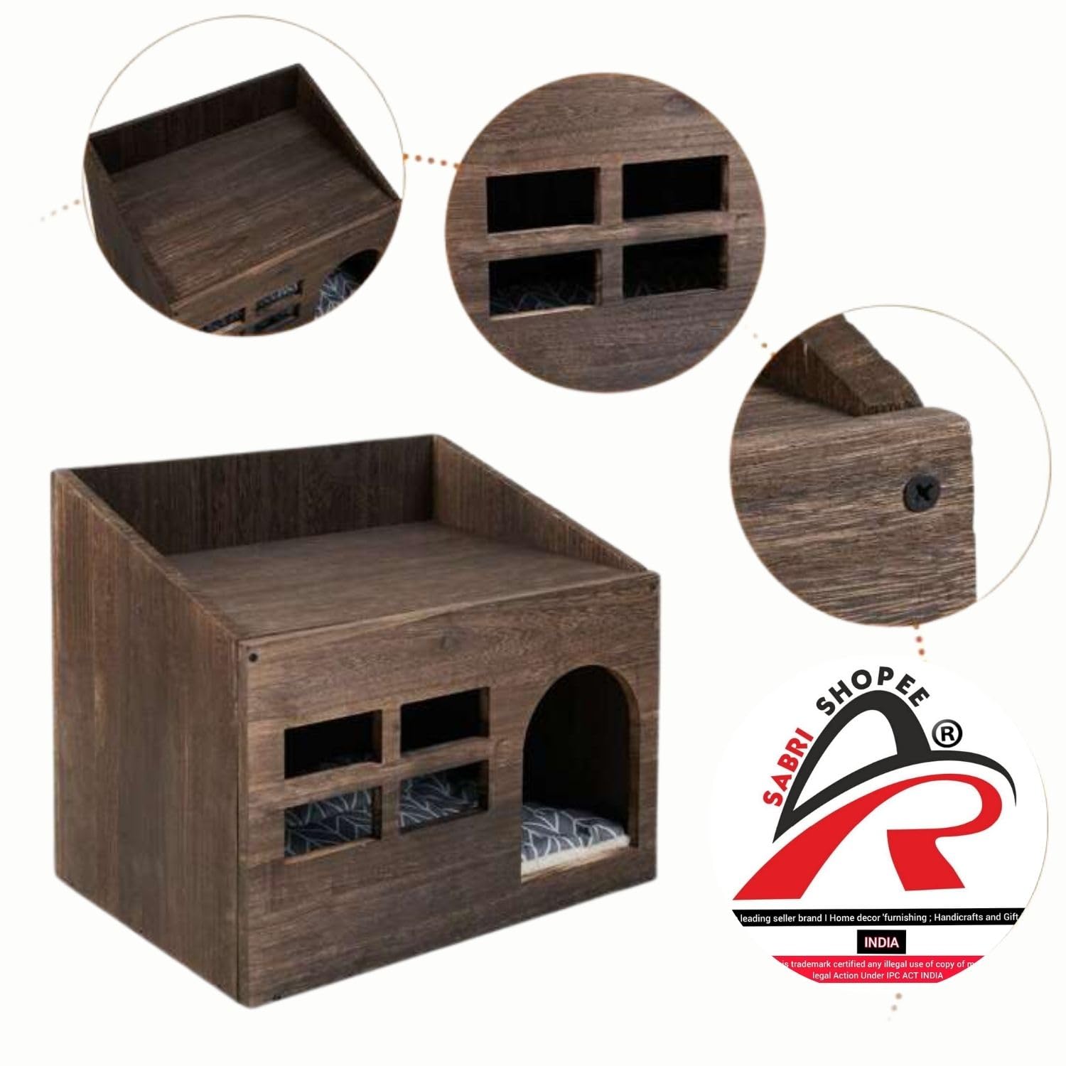 Sabri SHOPEE Wooden Cat House for Indoor Cats, Premium Durable Pet Shelter, Modern Design with Multiple Entry Points Cat Kittens & Small Pets Home Indoor Shelter (Wood Brown, Box Style Cat House) 3