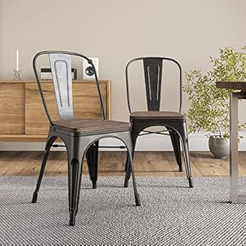 Alternative view of BELLEZE Metal Dining Chairs Set of 4, Stackable Metal Chairs Vintage Farmhouse Chairs with Detachable Backrest and Wood Seat, Weather Resistant Tolix Chair for Indoor Outdoor - Antique Black